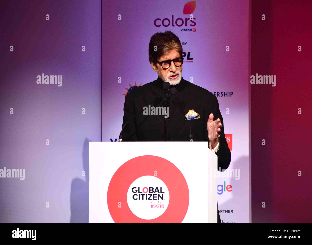 Bollywood-Schauspieler Amitabh Bachchan Pressekonferenz Start Global Citizen Festival Mumbai Stockfoto