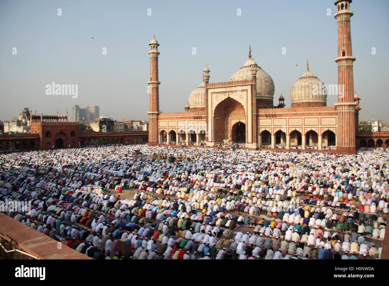 Indischen muslimischen Gläubigen bieten Eid al-Adha Gebete in der Jama Masjid in Neu-Delhi, Indien am 13. September 2016 Stockfoto