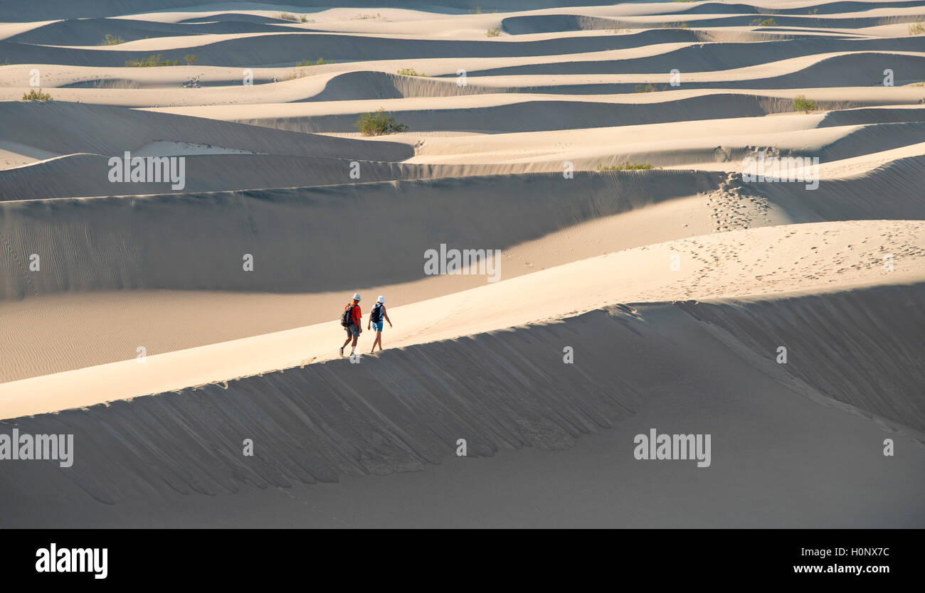 Zwei Menschen zu Fuß auf Sanddünen, Mesquite flachen Sand Dünen, Death Valley, Death Valley National Park, Kalifornien, USA Stockfoto