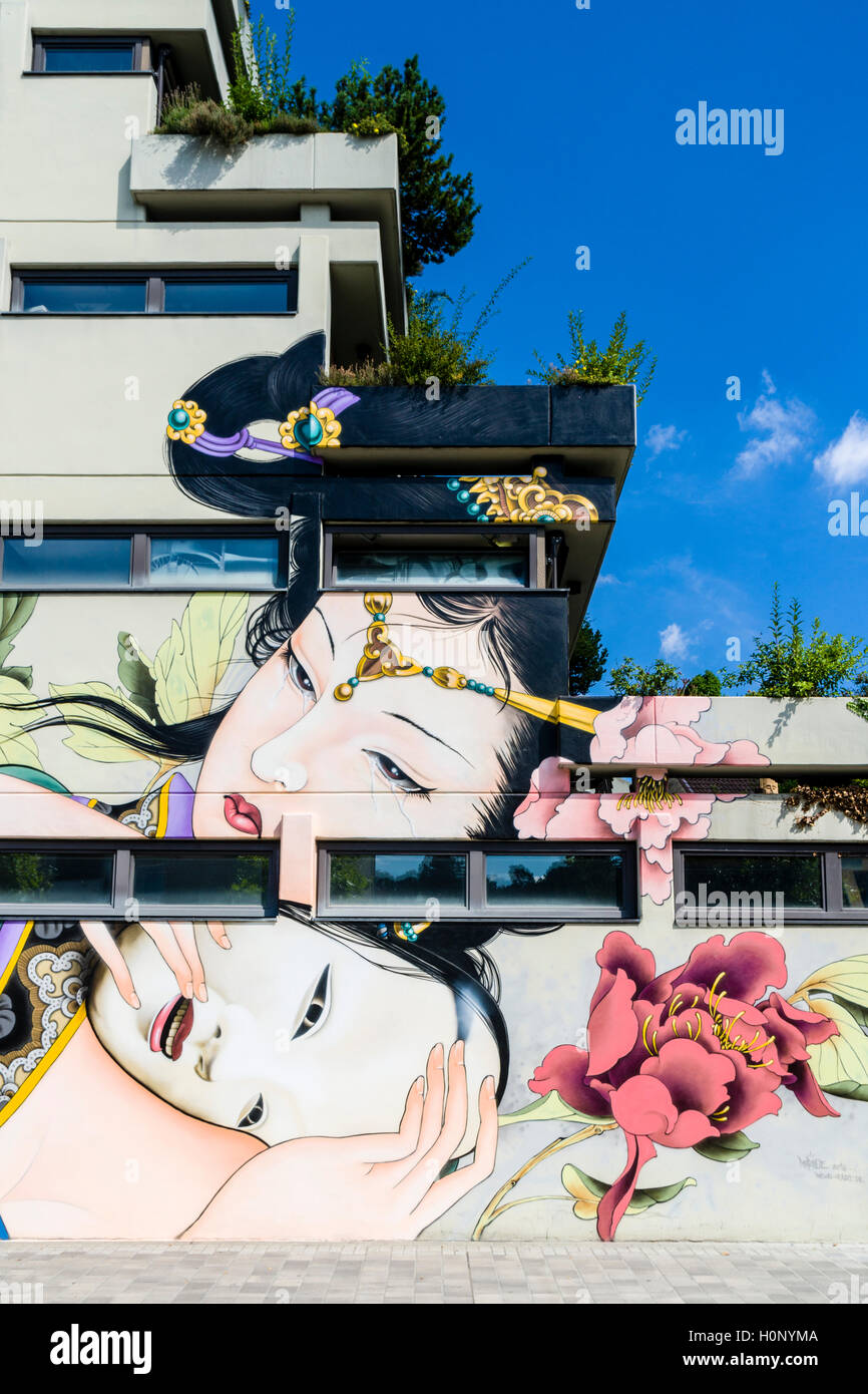 Eine bunte Graffity mit japanischen Motiv ist an einer Hauswand, Würzburg, Bayern, Deutschland, lackiert Stockfoto