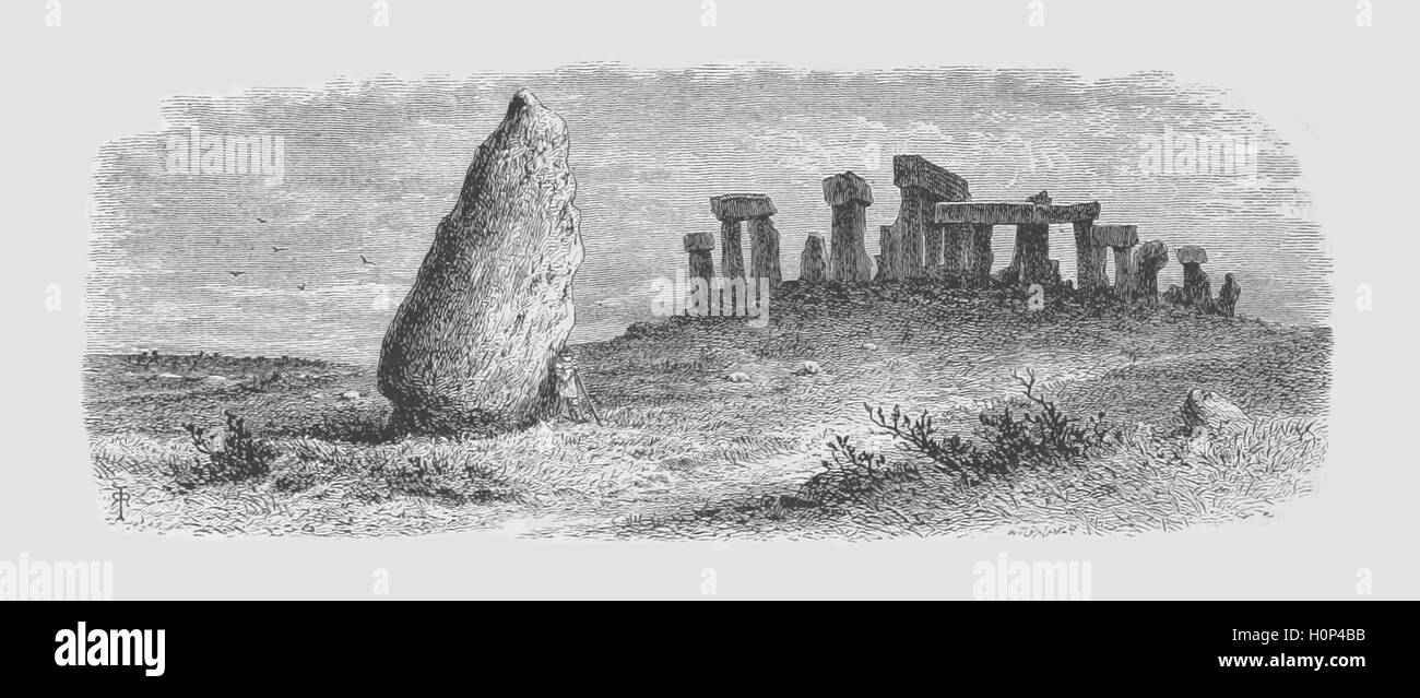 Kupferstich von Stonehenge, Wiltshire, England.  Stonehenge ist ein prähistorisches Monument in Wiltshire, England, 2 Meilen (3 Kilometer) westlich von Amesbury und 8 Meilen (13 km) nördlich von Salisbury.   Bild von Cassell es illustrierte Weltgeschichte (1893) bezogen. Stockfoto