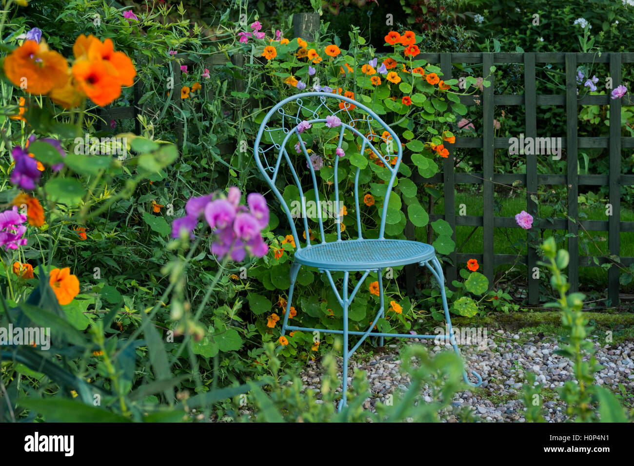 Elegante blaue Sitz in einen Bauerngarten. Stockfoto