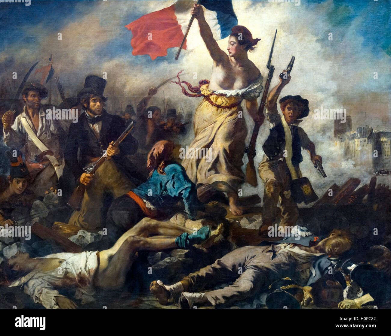 Delacroix, Freiheit führt die Menschen. „La Liberté guidant le peuple“ von Eugène Delacroix, Öl auf Leinwand, 1830 Stockfoto