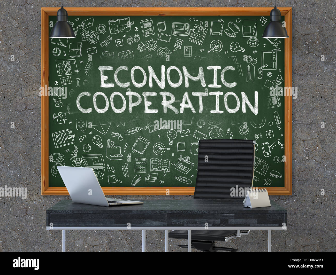 Wirtschaftliche Zusammenarbeit auf Tafel im Büro. 3D. Stockfoto