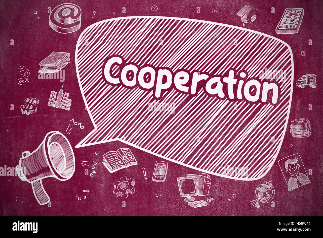 Zusammenarbeit - handgezeichnete Abbildung auf rote Tafel. Stockfoto