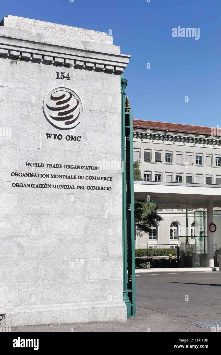 Die Welthandelsorganisation (WTO) Eingang und Gebäude in Genf, Schweiz Stockfoto
