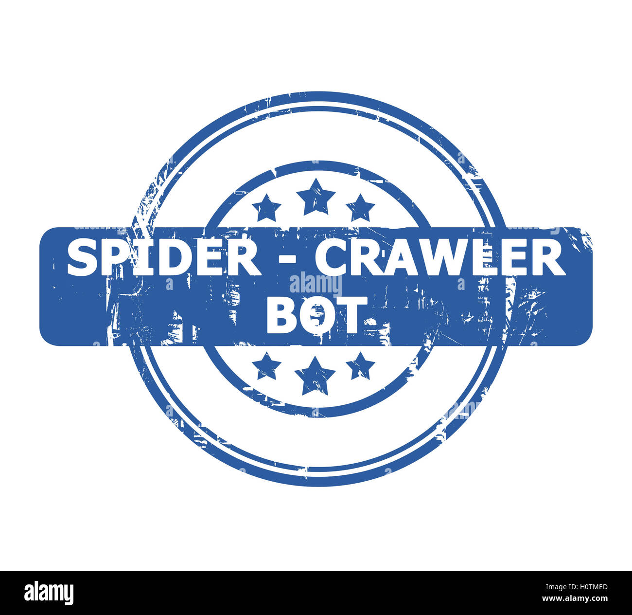 Spinne Crawler Bot Stempel mit Sternen isoliert auf einem weißen Hintergrund. Stockfoto