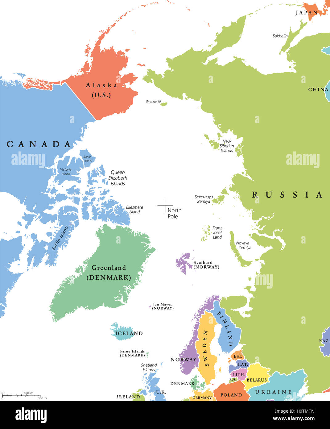 Arktis Einzelstaaten und Nordpol politische Karte. Nationen in verschiedenen Farben, mit Ländergrenzen und Ländernamen. Stockfoto