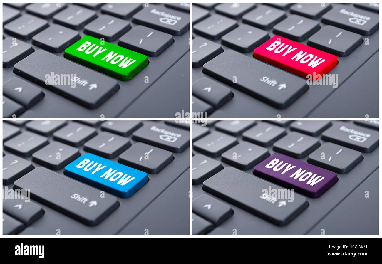 Collage aus vier Bilder mit kaufen jetzt Taste auf der Tastatur als Verkauf Konzept und Online-Shop-Konzept Stockfoto