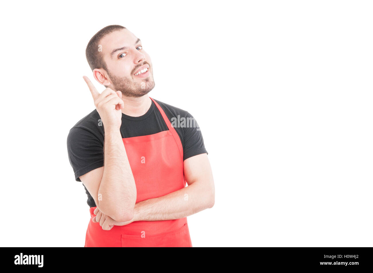 Supermarkt-Verkäufer haben eine tolle Idee und nach Finger oben isoliert auf weißem Hintergrund mit Textbereich Stockfoto