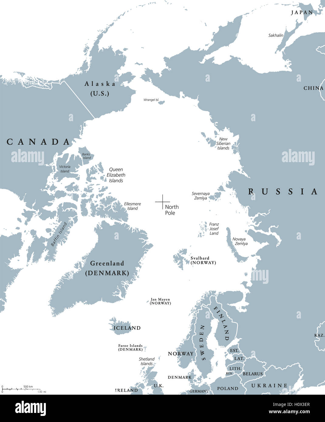 Arktische Region Länder und Nordpol politische Karte mit Ländergrenzen und Ländernamen. Arktischen Ozean ohne Meereis. Stockfoto