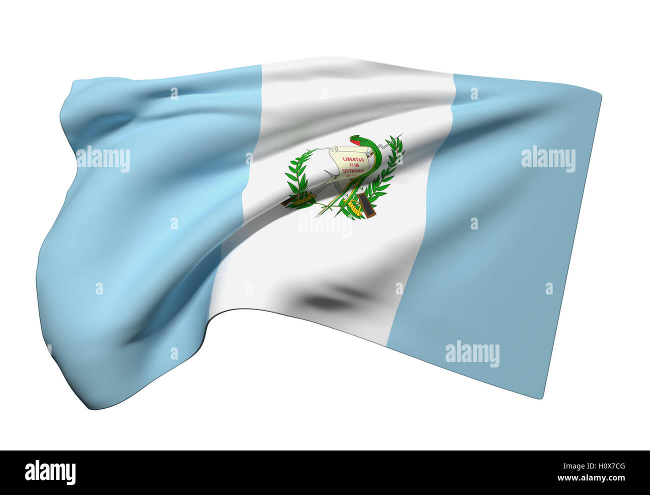 3D Rendering von Guatemala Fahnenschwingen auf weißem Hintergrund Stockfoto