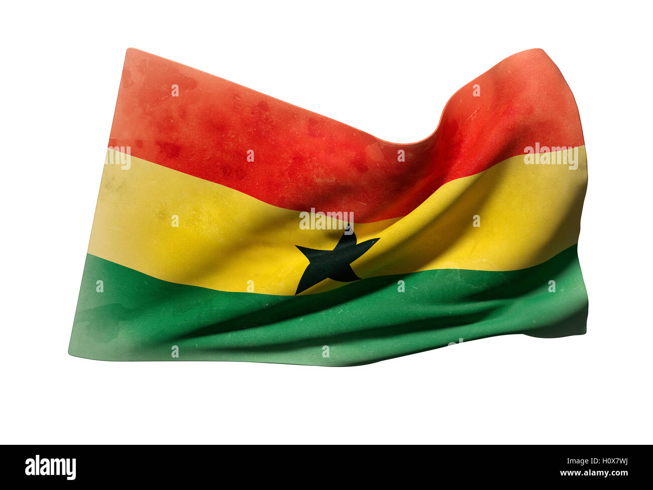 3D-Rendering ein alten und schmutzigen Republik Ghana Fahnenschwingen auf weißem Hintergrund Stockfoto