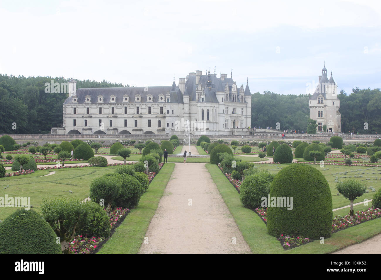 Schloss Chenonceau auf Loiretal, Frankreich, vom Garten aus gesehen Stockfoto