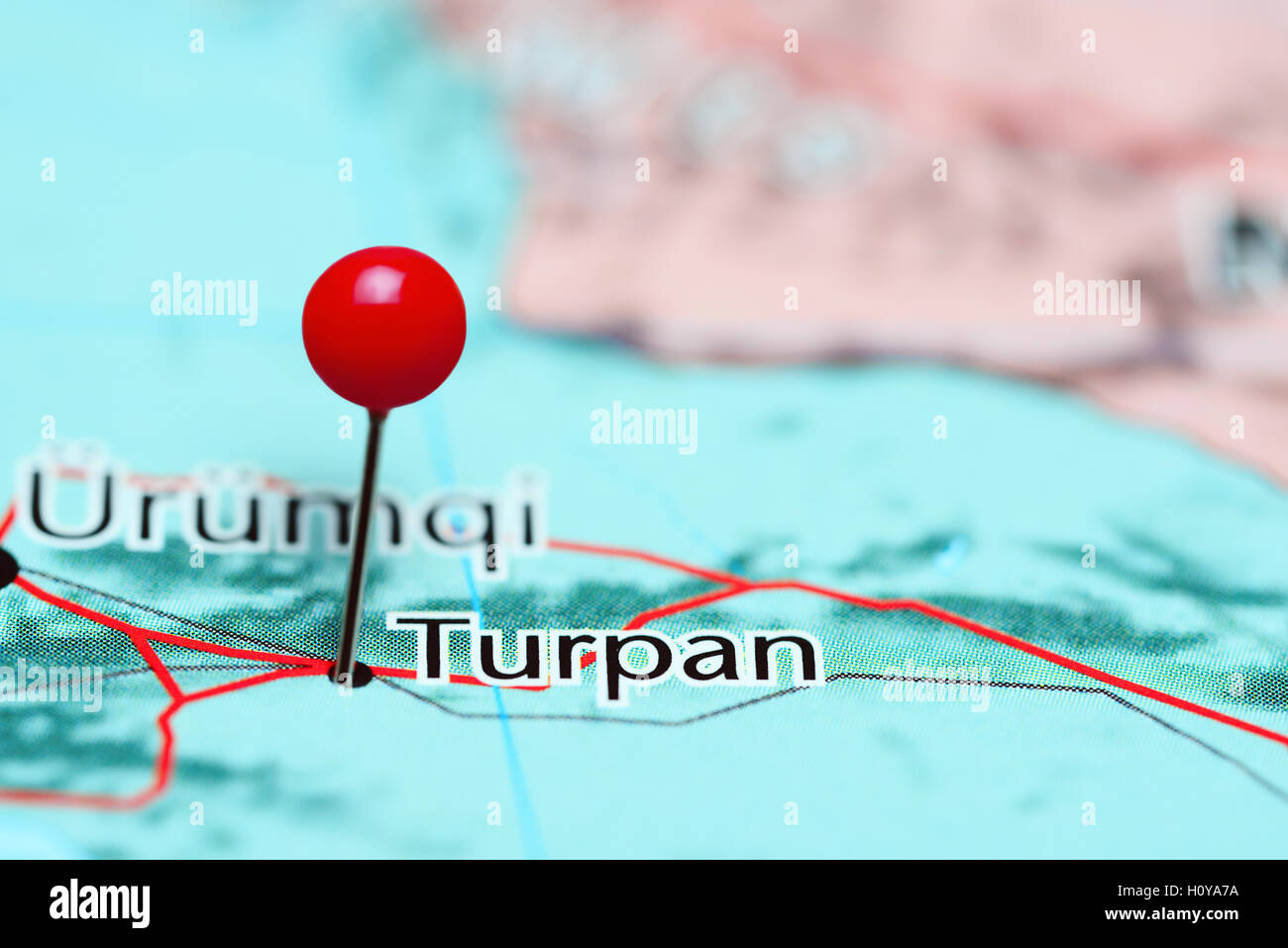 Turpan fixiert auf einer Karte von China Stockfoto