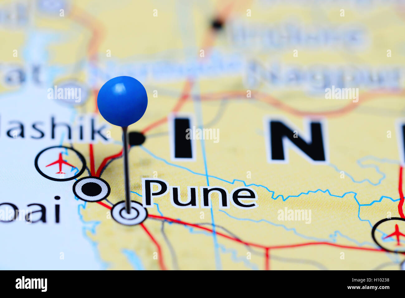Pune, fixiert auf einer Karte von Indien Stockfoto