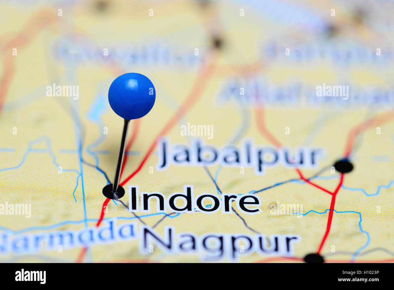 Indore, fixiert auf einer Karte von Indien Stockfoto