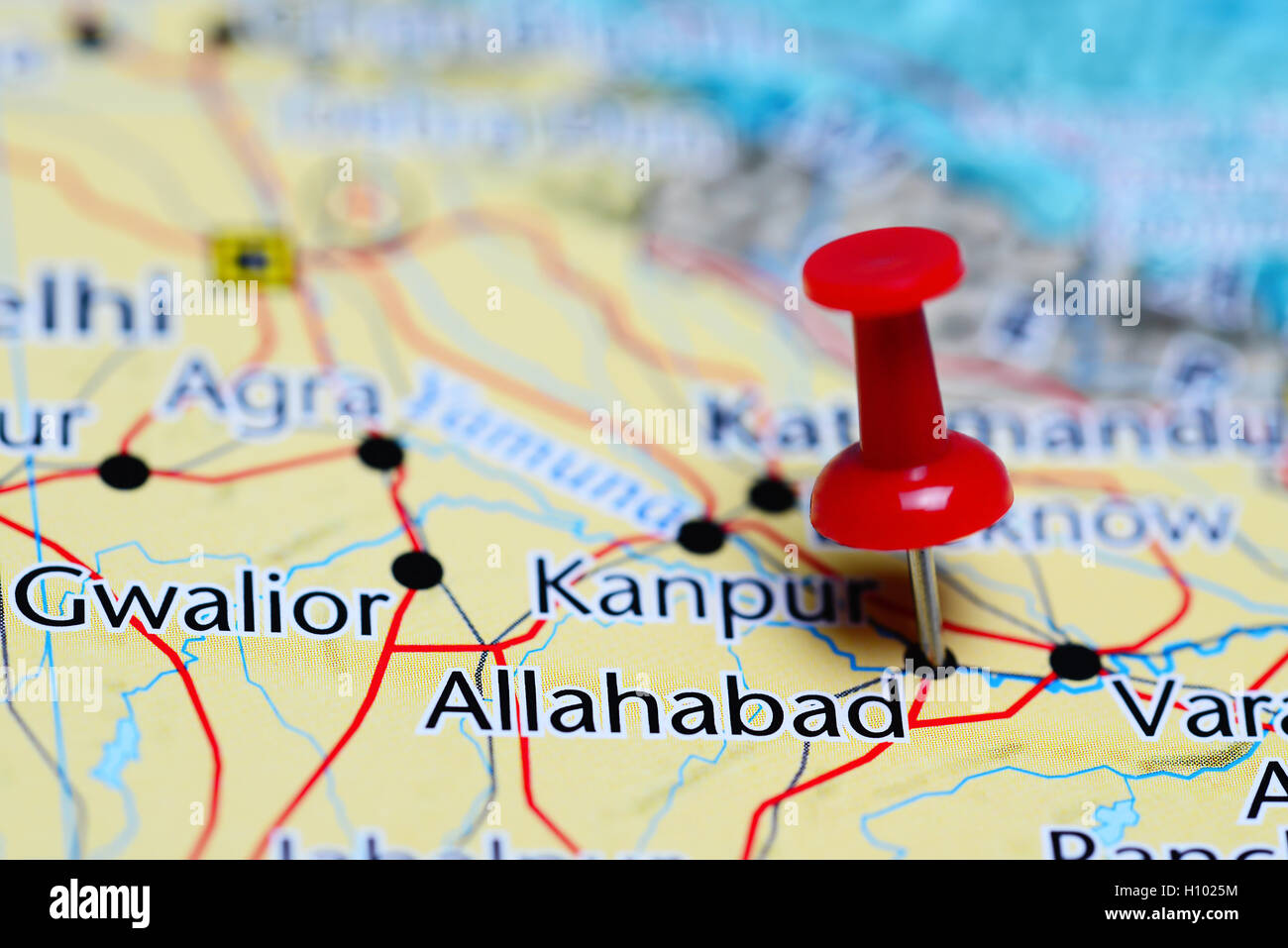 Allahabad, fixiert auf einer Karte von Indien Stockfoto