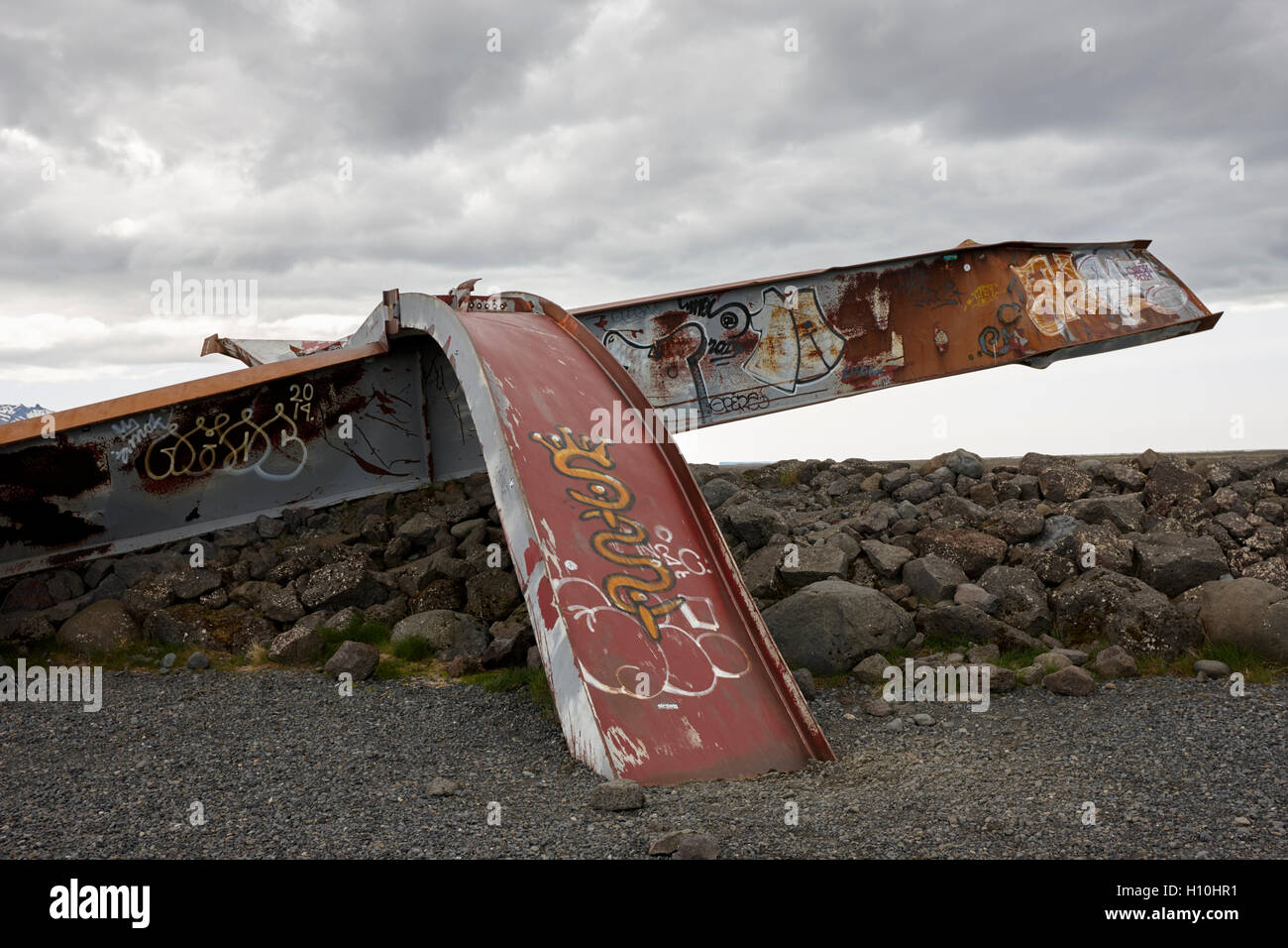 Denkmal bleibt der Skeidara Metallbrücke durch Vulkan beschädigt und glazialen Überschwemmungen Island Stockfoto