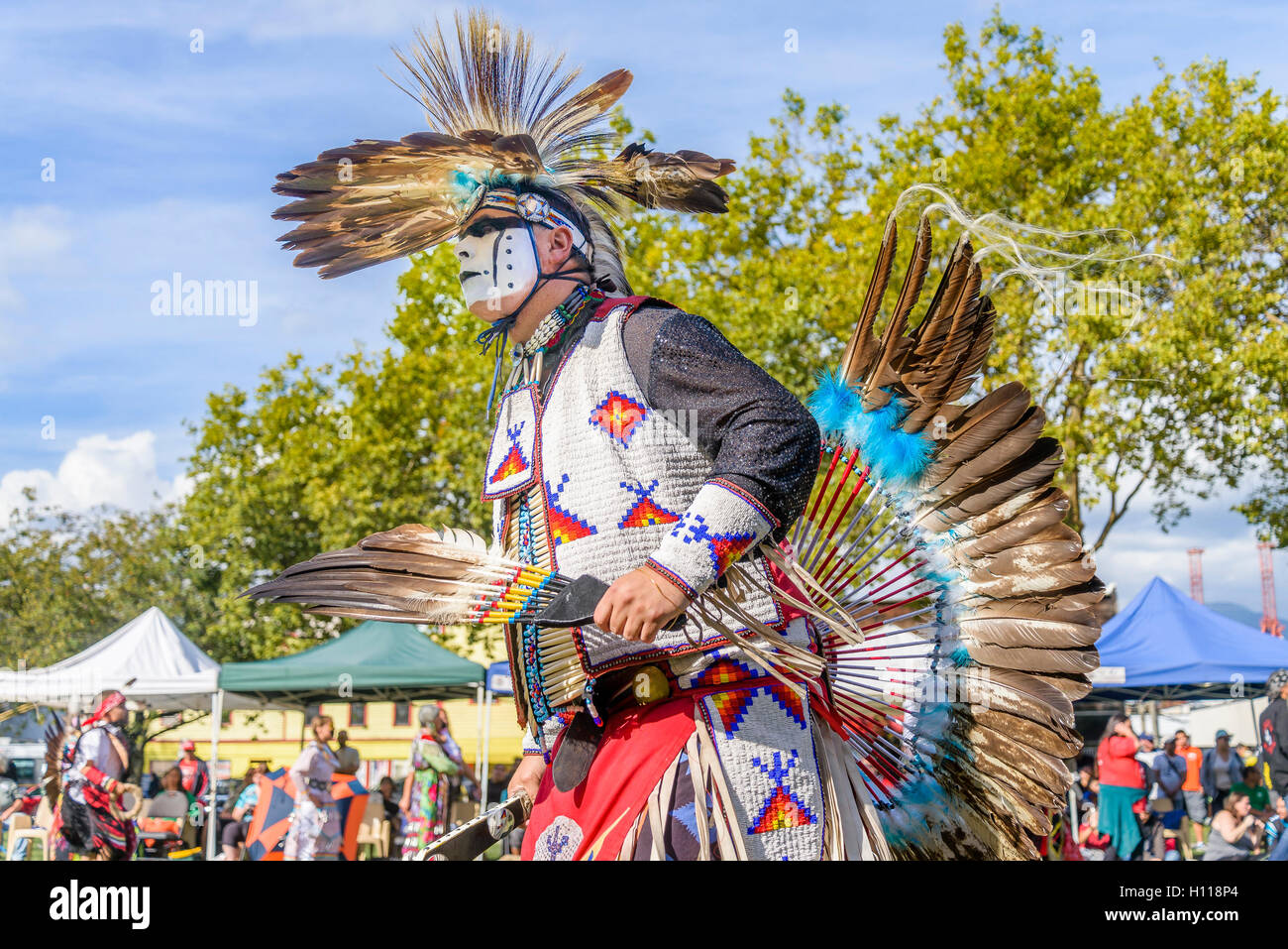 Erste Nationen Tänzer, DTES Pow Wow und Kulturfest, Oppenheimer Park, Vancouver, Britisch-Kolumbien, Kanada Stockfoto