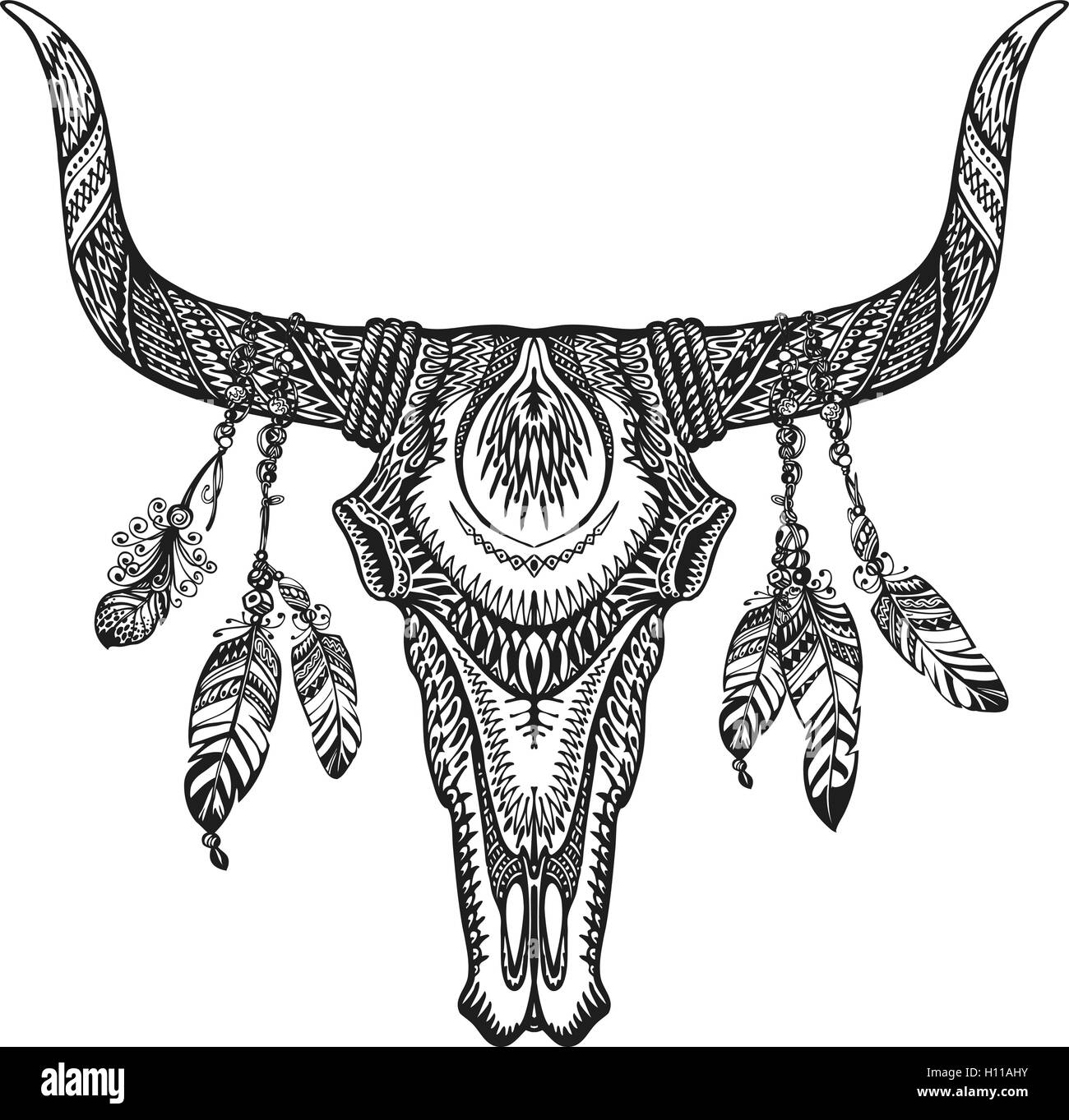 Bull-Totenkopf mit Federn. Handgezeichnete Skizze indianische totem Stock Vektor