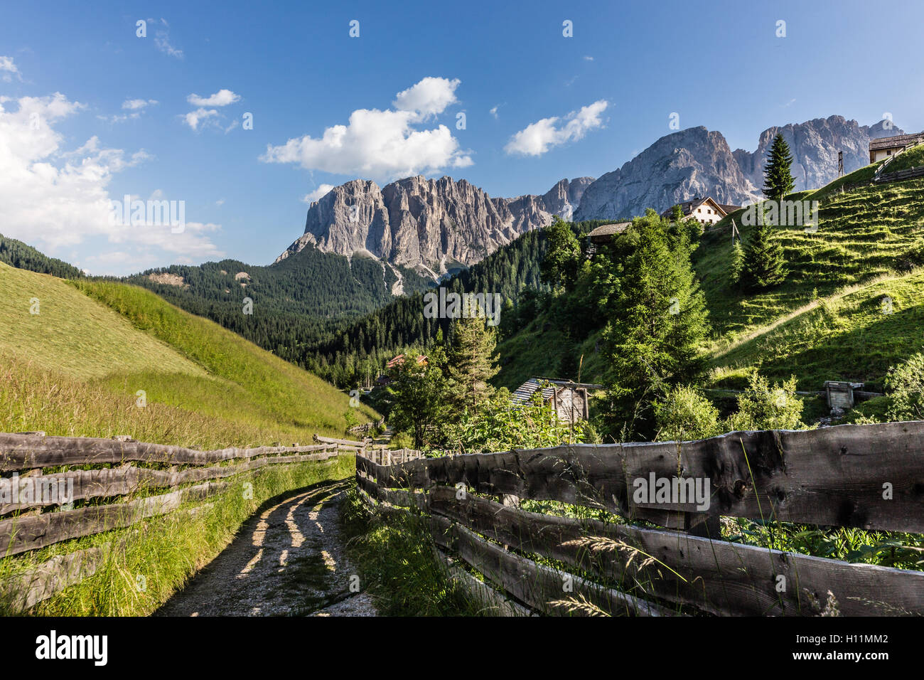 Dolomiten. Odles Ansichten aus dem Tal der Mühlen in Longiaru Stockfoto