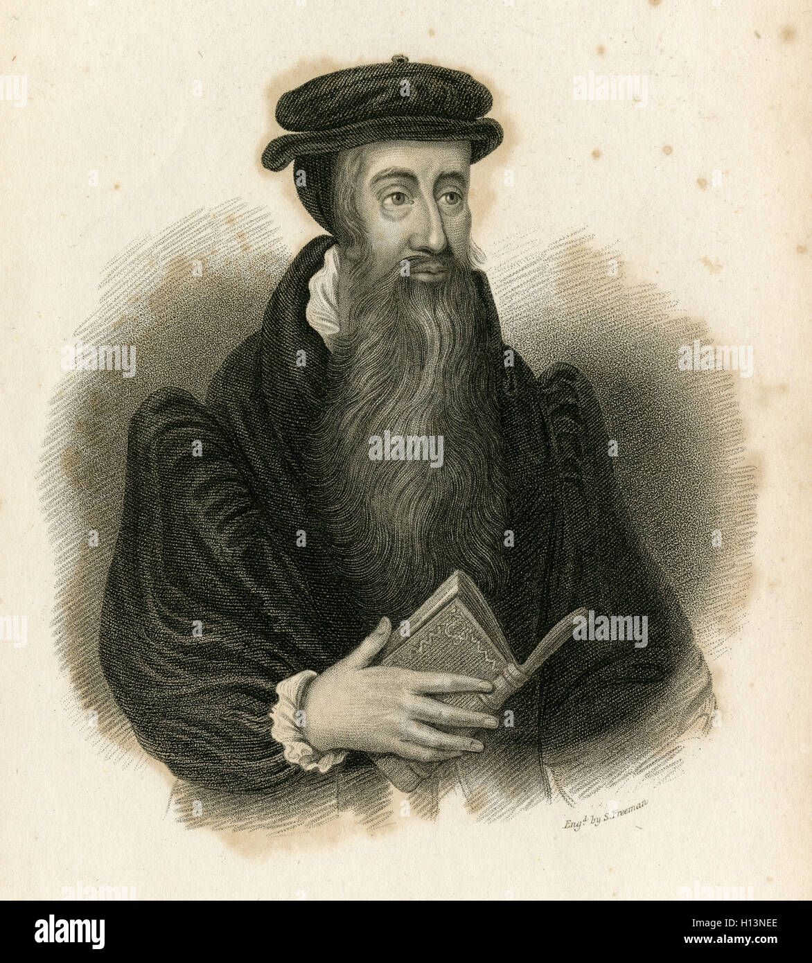 Antike c1850 Gravur, John Knox. John Knox (1513-1572) war ein schottischer Minister, Theologe und Schriftsteller, war ein Führer der Reformation und gilt als der Begründer der Presbyterian Church of Scotland. QUELLE: ORIGINAL GRAVUR. Stockfoto