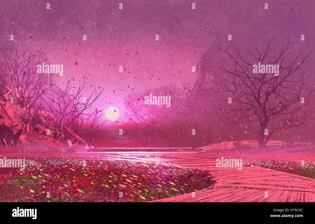 Fantasielandschaft mit rosa magische Blätter, Illustration, Malerei Stockfoto