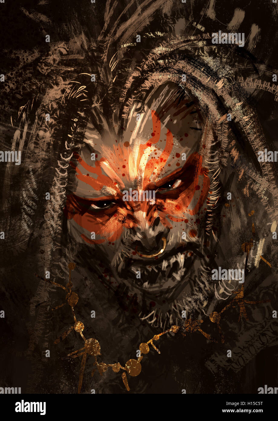 Monster-Porträt zeigt Kriegsbemalung auf Gesicht des Horror-Charakter, digitale Malerei, illustration Stockfoto