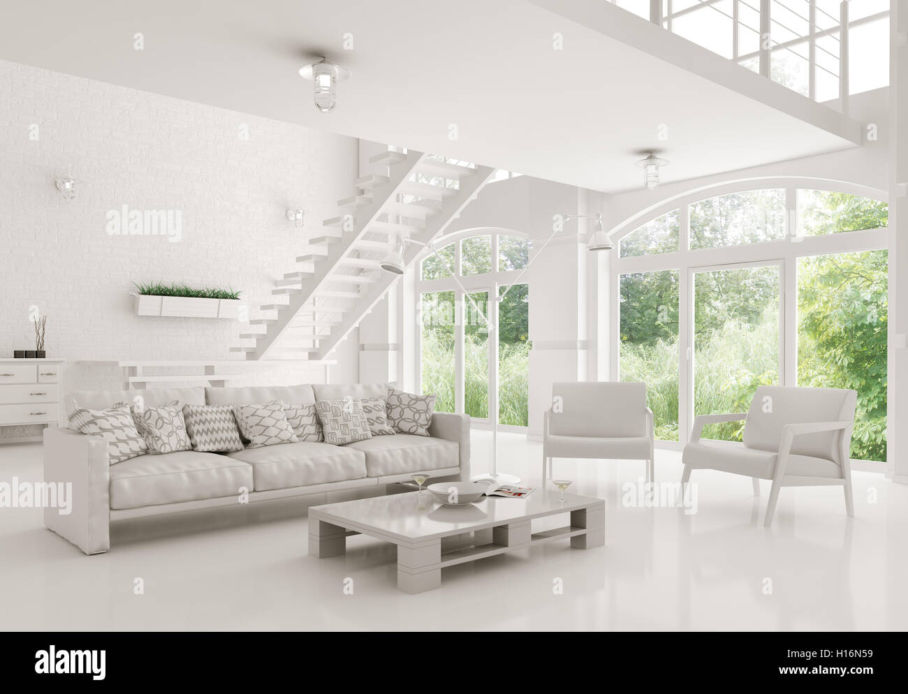 White Apartment Innenraum, Wohnzimmer, Treppe, 3D-Rendering Stockfoto