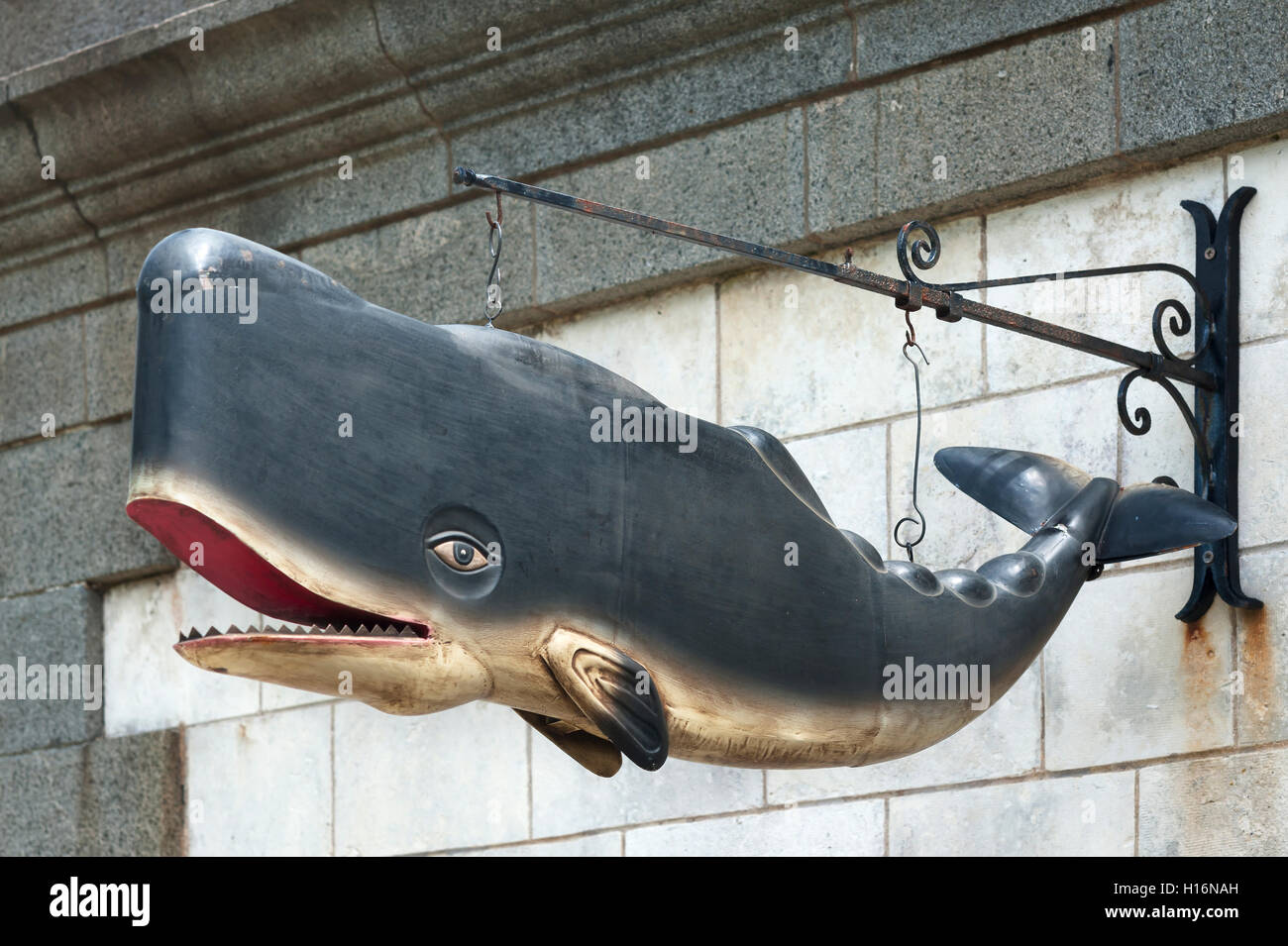 Whale Modell, Wegweiser zu einem Souvenirshop, Ile de Ré, Vandee, Frankreich Stockfoto