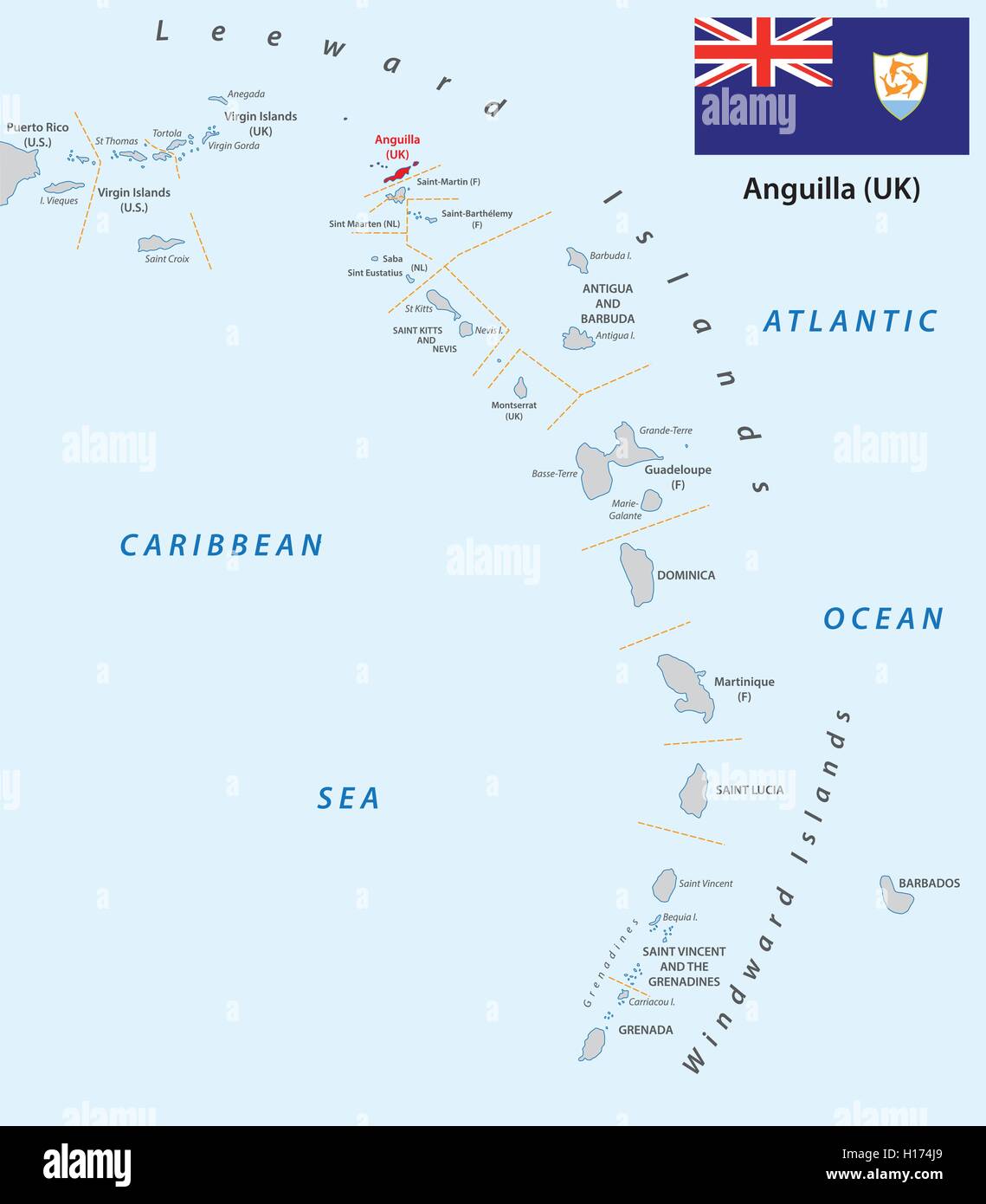 Gliederung der kleinen Antillen Karte Anguilla mit Flagge Stock Vektor