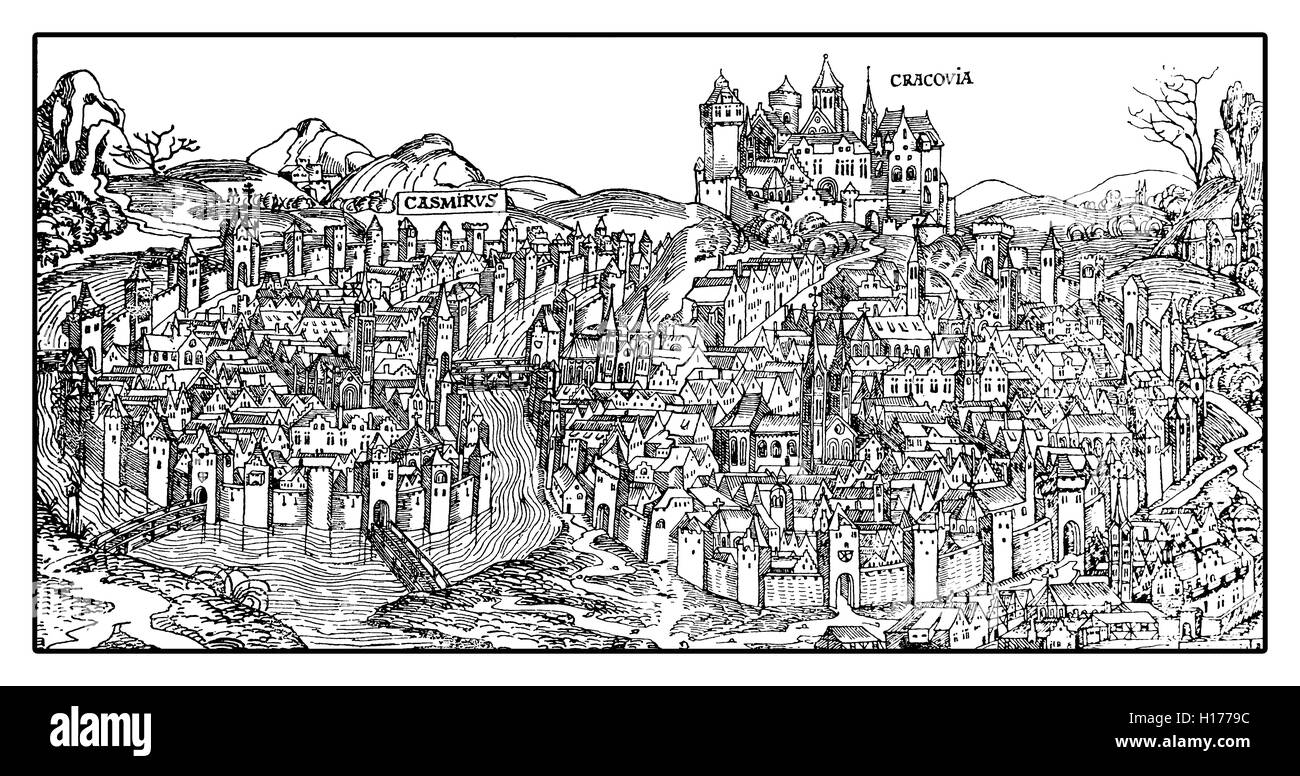 Antike Landkarte von Krakau an der Weichsel. Die Stadt wurde im 7. Jahrhundert gegründet. Stockfoto