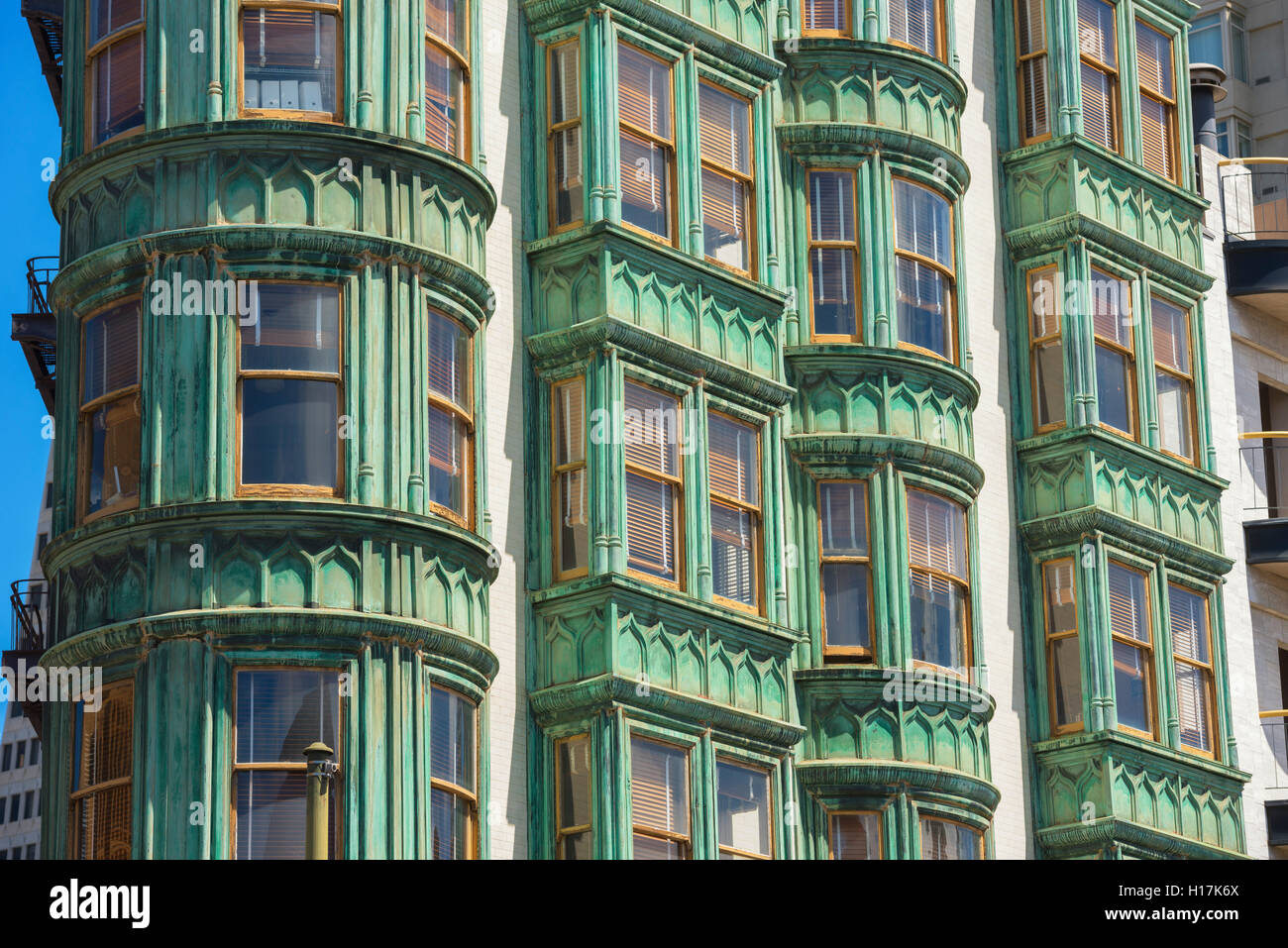 Fassade des Columbus Tower, Detail, San Francisco, Kalifornien, USA Stockfoto