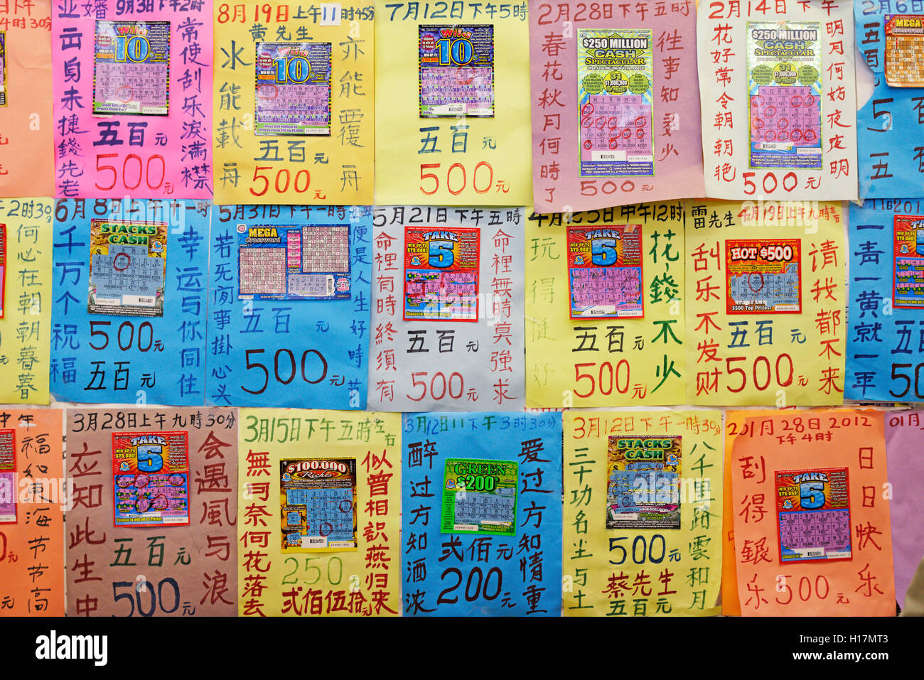 Chinesische Lotterie Karten, Chinatown, San Francisco, Kalifornien, USA Stockfoto