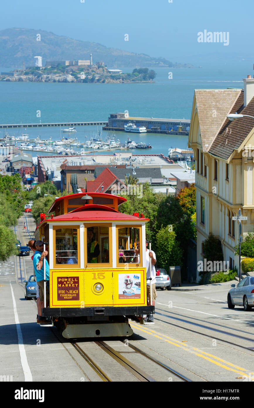 Seilbahn und Alcatraz Island, San Francisco, Kalifornien, USA Stockfoto