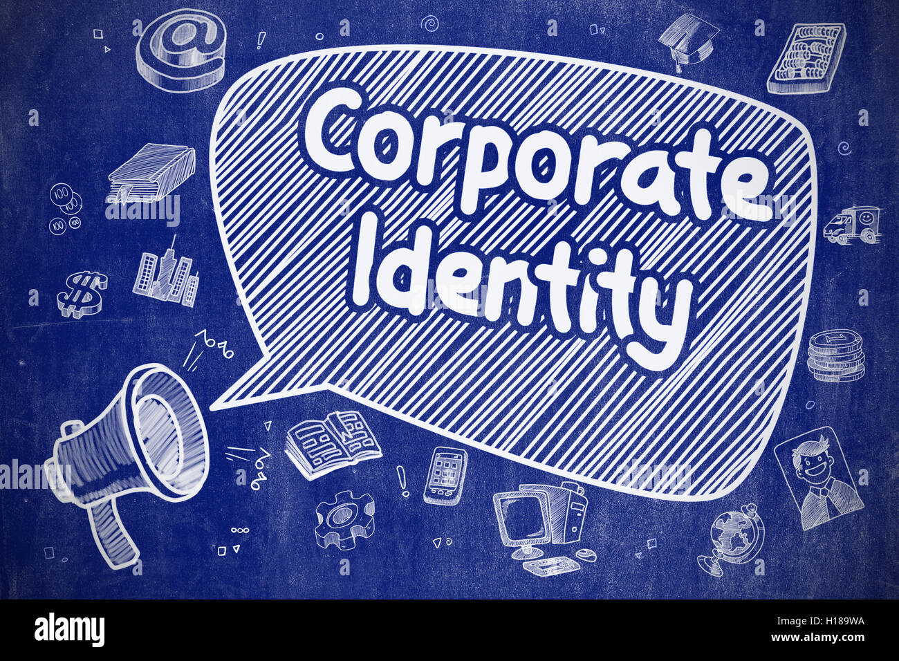 Corporate Identity - Doodle Illustration an blauen Tafel. Stockfoto