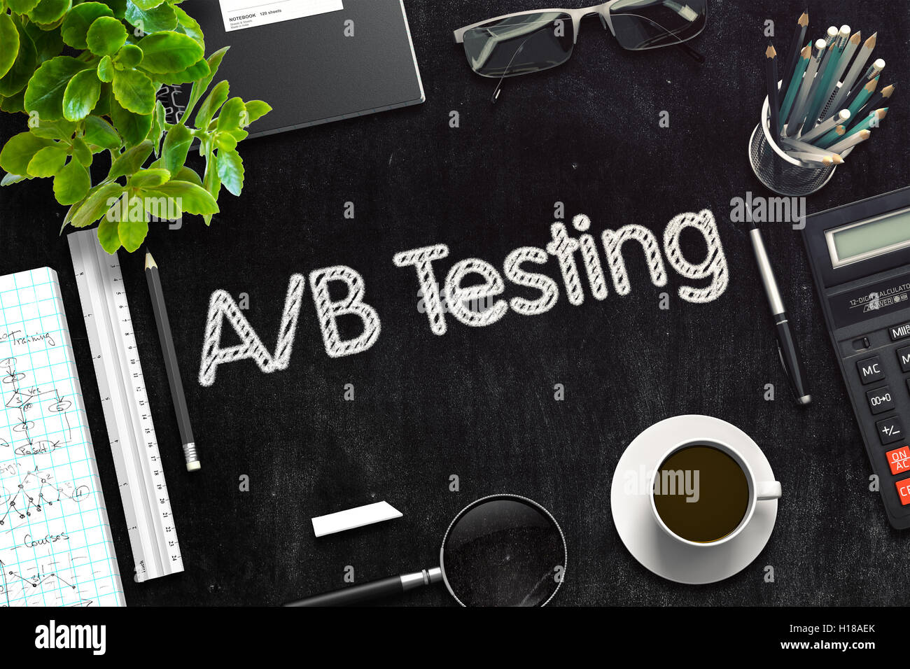 Tests auf schwarze Tafel AB. 3D-Rendering. Stockfoto
