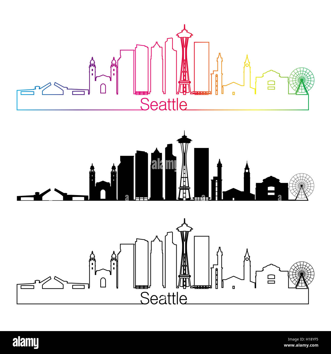 Seattle Skyline linearen Stil mit Regenbogen in bearbeitbare Vektordatei Stockfoto