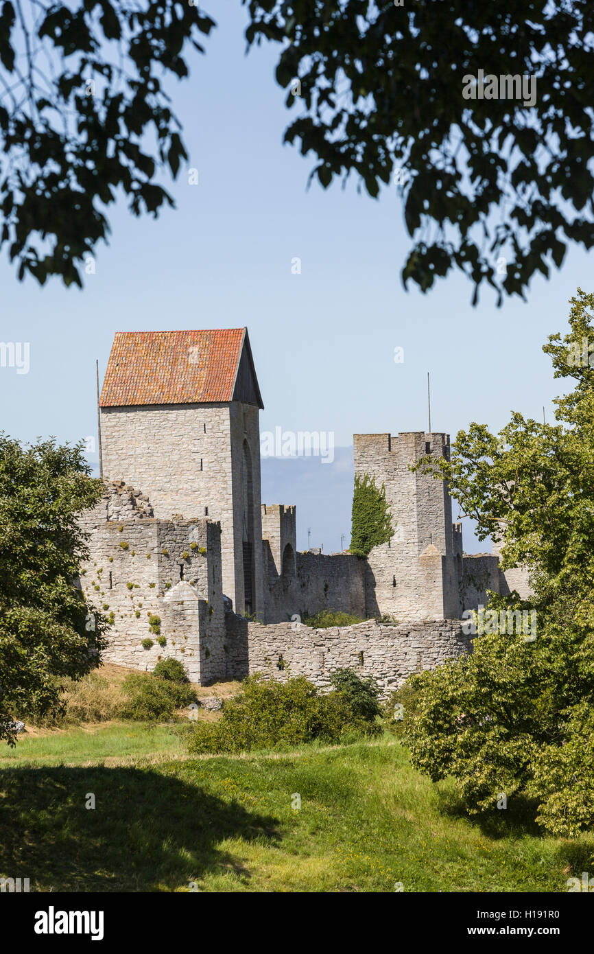 Die Spardose und Dalman-Turm. Visby Stadtmauer, Blick vom Ostergravar.  Gotland, Schweden. Skandinavien. Stockfoto