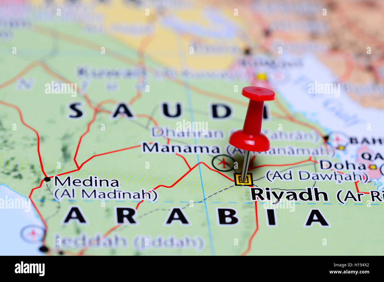 Riyadh, fixiert auf einer Karte von Saudi-Arabien Stockfoto