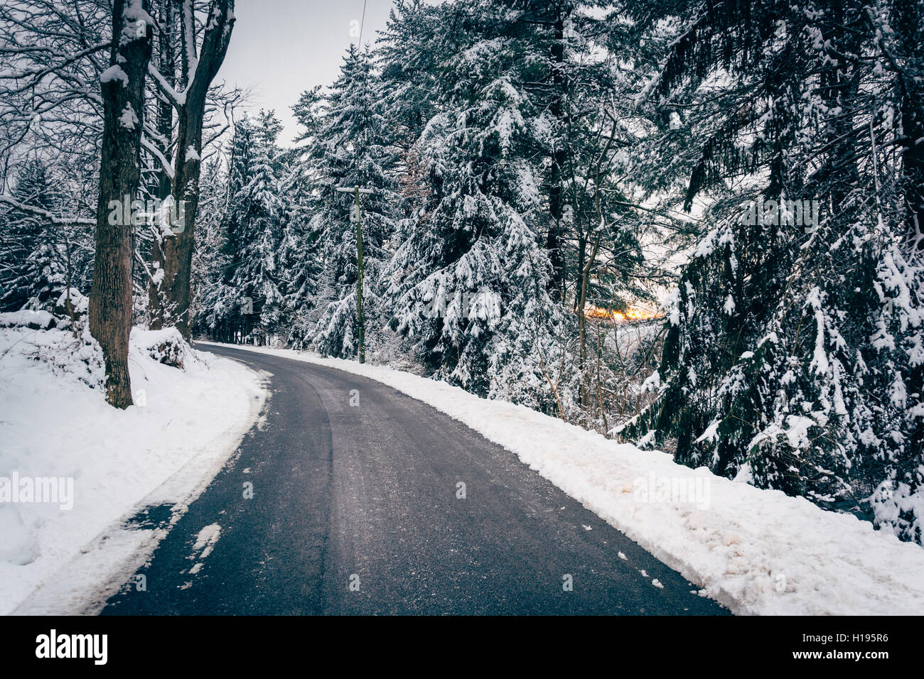 Landstraße während des Winters im ländlichen Carroll County, Maryland. Stockfoto