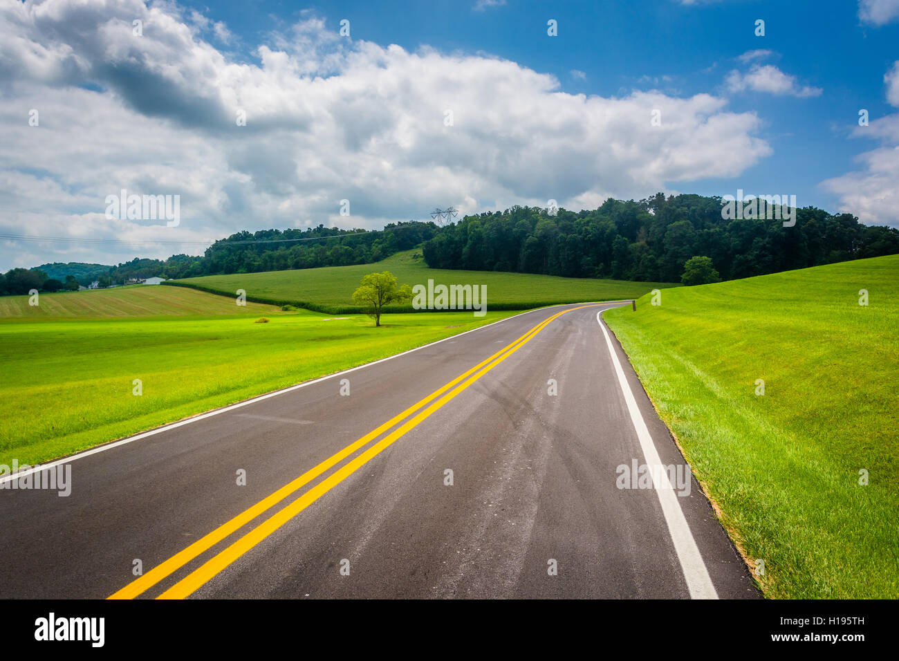 Bauernhof-Feldern entlang einer Landstraße in ländlichen Carroll County, Maryland. Stockfoto