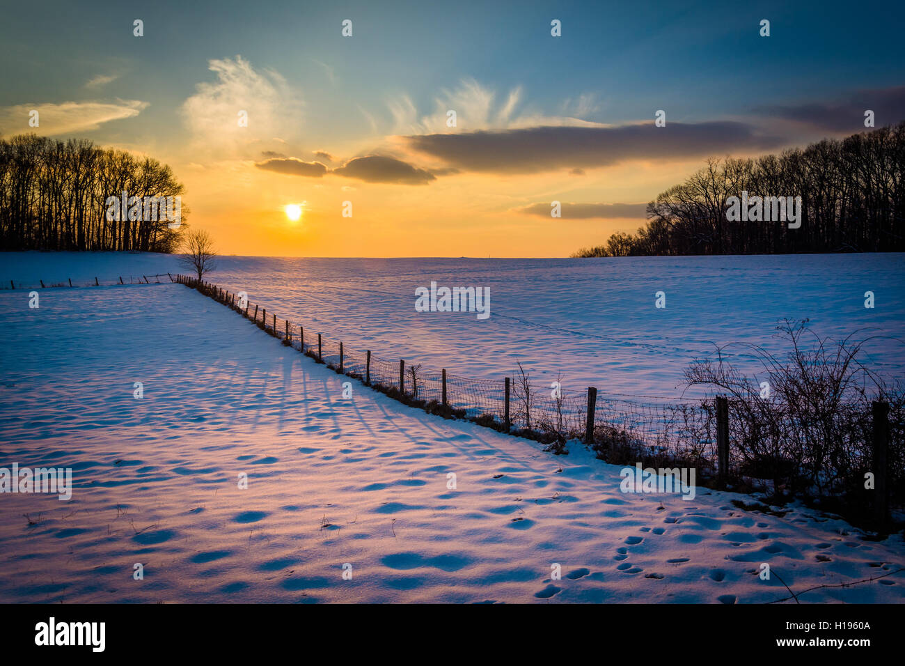 Winter-Sonnenuntergang über einen Zaun und Schnee überdachten Hof-Feld im ländlichen Carroll County, Maryland. Stockfoto