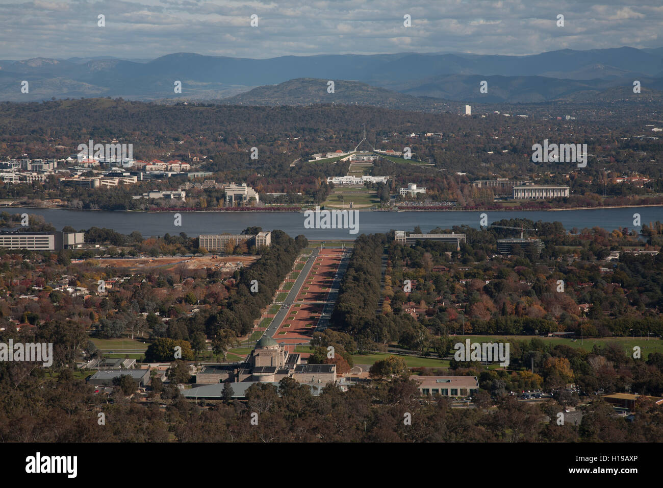 Luftaufnahme von Canberra vom Mount Ainslie Lookout Canberra Australien. Stockfoto