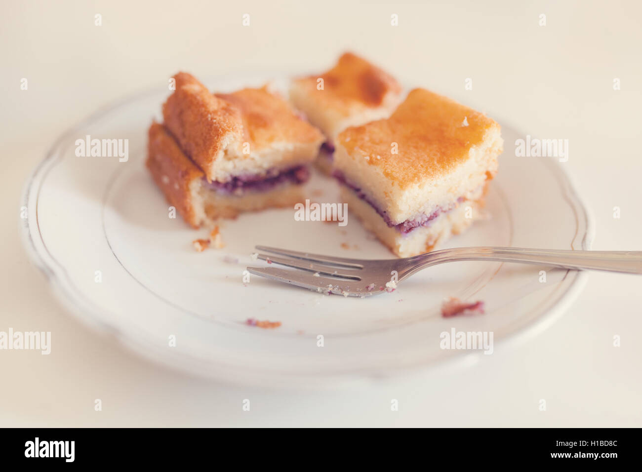 Scheiben an glutenfreien hausgemachten Kuchen mit Heidelbeeren auf dem Teller füllen.  Post mit Matten Filter verarbeitet. Stockfoto