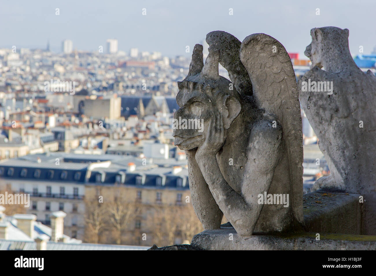 Paris Wit Gargoyle architektonisches Fragment im Vordergrund, aufgenommen vom Dach der Kathedrale Notre Dame Stockfoto