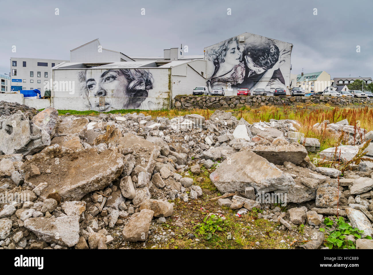 Wandmalereien von Baulücke, Reykjavik, Island Stockfoto