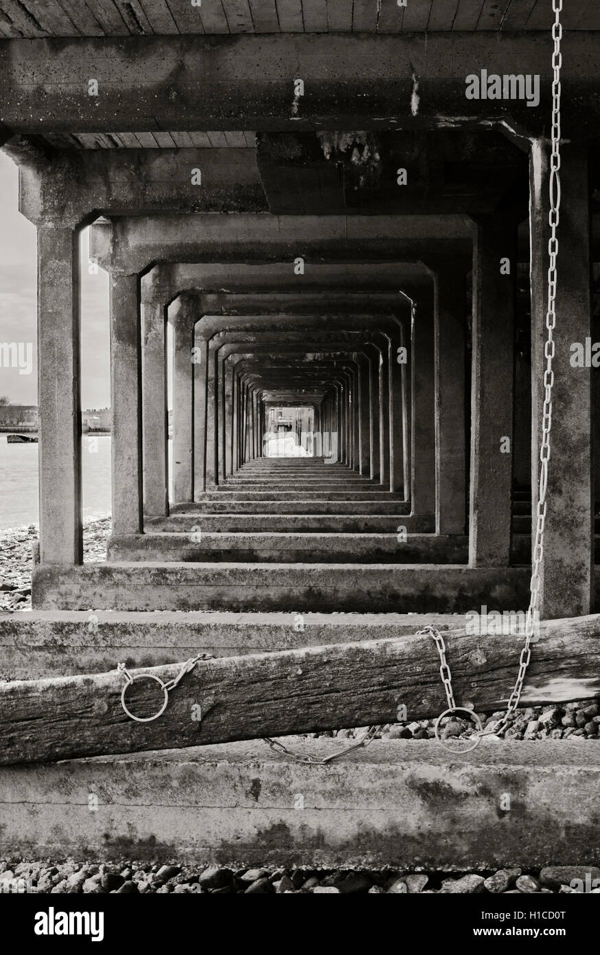 Holz Pfähle Wapping sideshore unter der Promenade East London auf der Themse bei Ebbe Themse Ufer Stockfoto