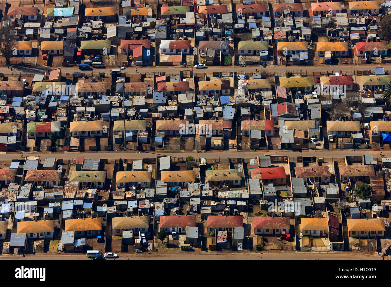 Luftbild der formalen Siedlung in Soweto, Johannesburg, Gauteng, Südafrika Stockfoto